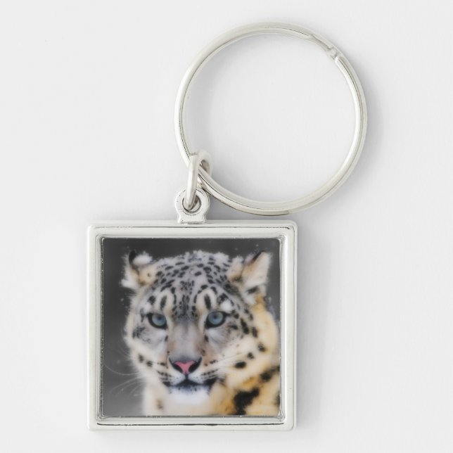 SnöLeopard Fyrkantig Silverfärgad Nyckelring (Framsidan)