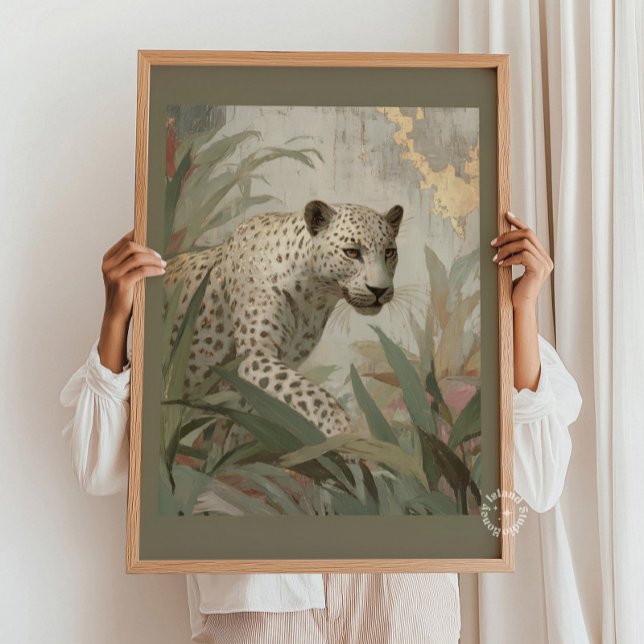 Snöleopard Guldblad Botanisk Grön Sage Poster (Snow Leopard Gold Leaf Botanical Sage Green Poster)
