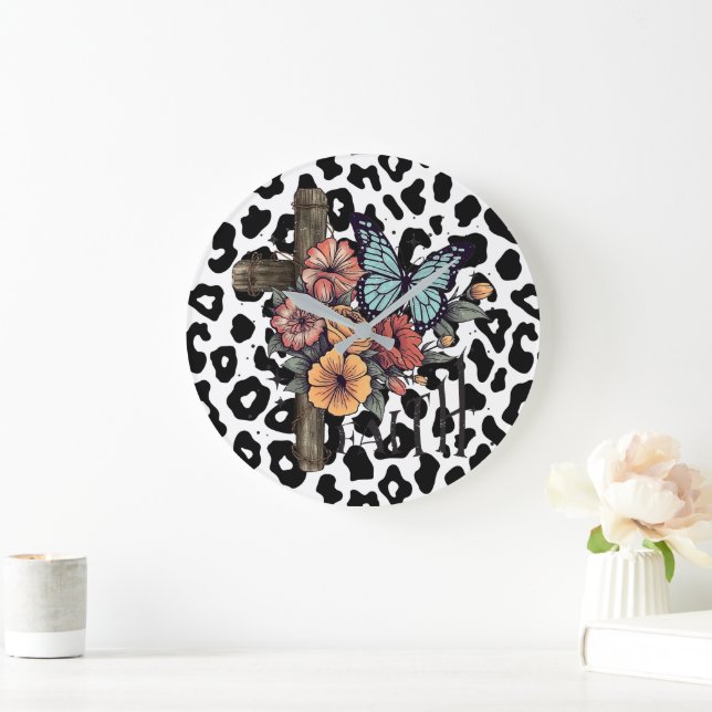 Snöleopard Kors, Blommor och Fjärilar Stor Klocka (Hem)