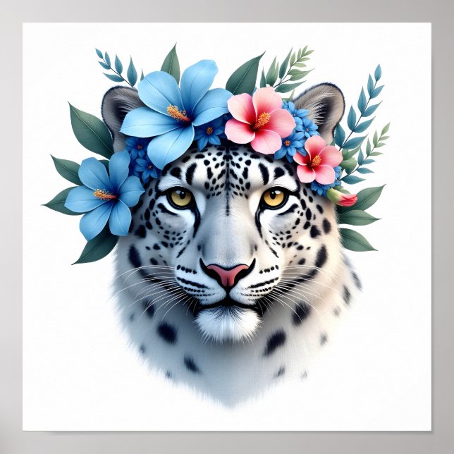 Snöleopard med blå och rosa blomkrona Vägg Ar Poster (Framsidan)