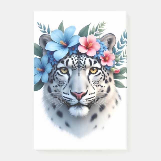 Snöleopard med blå & rosa blomkrona anteckningsbok post-it block (Framsida)