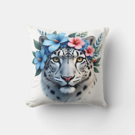 Snöleopard med Blå & Rosa Blommig Kronkudde P Kudde