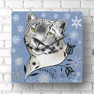 Snöleopard och snöflingor fyrkantig klocka