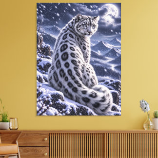 Snöleopard på snötäckt bergshylla – Vintervila Canvastryck