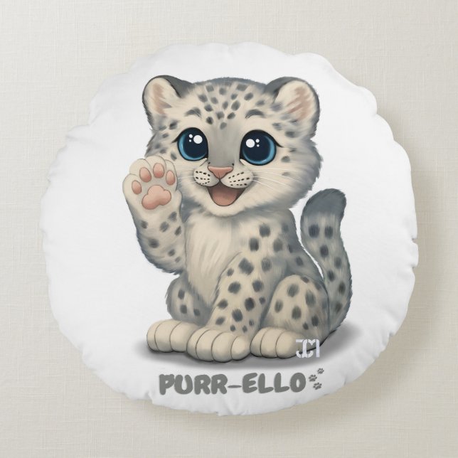Snöleopard - Purr-ello Rund Kudde (Framsidan)
