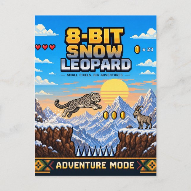 Snöleopard, Retro 8-Bit Pixelkonst Vykort (Framsida)