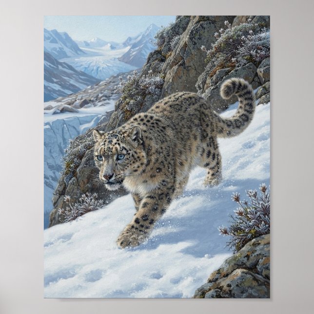 Snöleopard smyger nerför snöig bergsklippan poster (Framsidan)