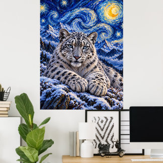 Snöleopard Stjärnklar Natt – Blue Mountain Wildlif Poster
