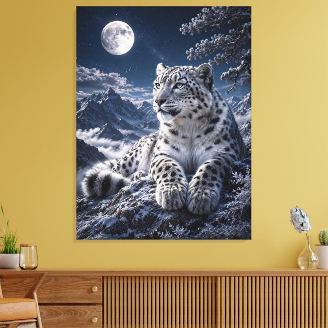 Snöleopard Under Fullmånen – Blå Snöiga Berg Canvastryck (Insitu (Vardagsrum))