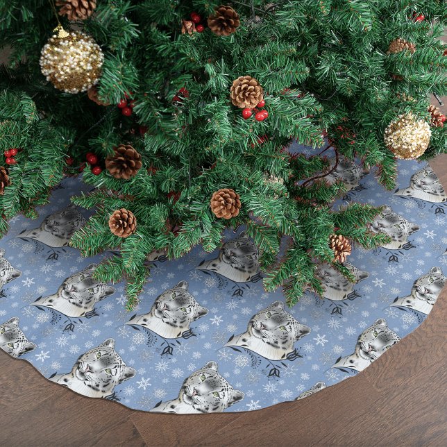Snöleopard Vinter Elegans Blå Snöflingor Julgransmatta Borstad Polyester (Skapare uppladdad)
