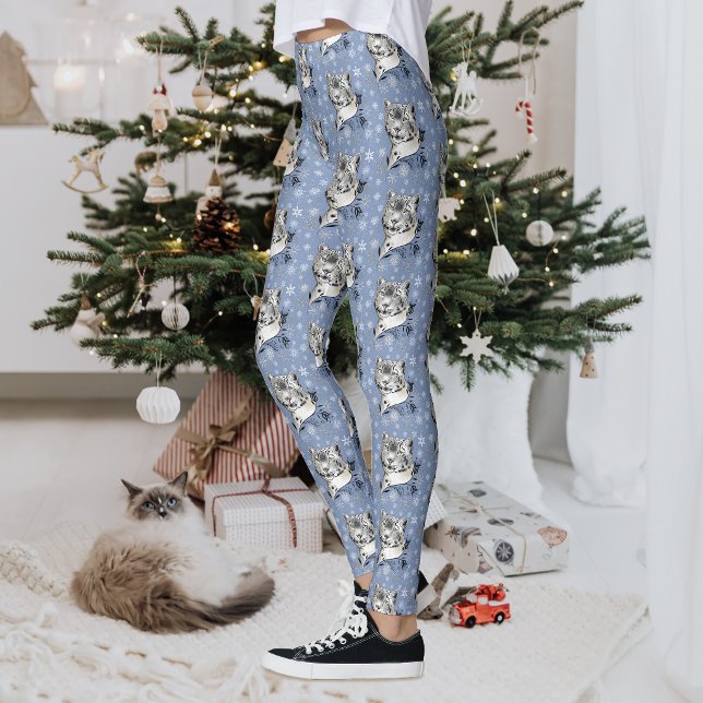 Snöleopard Vinter Elegans Blå Snöflingor Leggings (Skapare uppladdad)