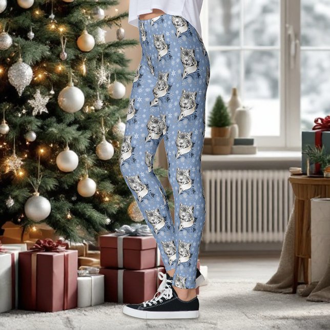Snöleopard Vinter Elegans Blå Snöflingor Leggings (Skapare uppladdad)