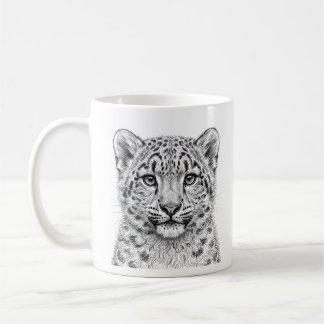 Snöleopardunge Mugg - Svart bläckkonst på vit kera