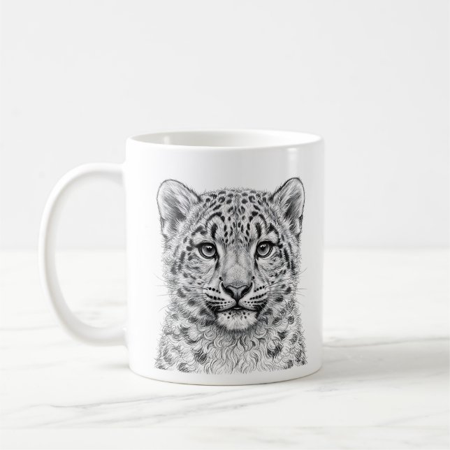 Snöleopardunge Mugg - Svart bläckkonst på vit kera (Vänster)