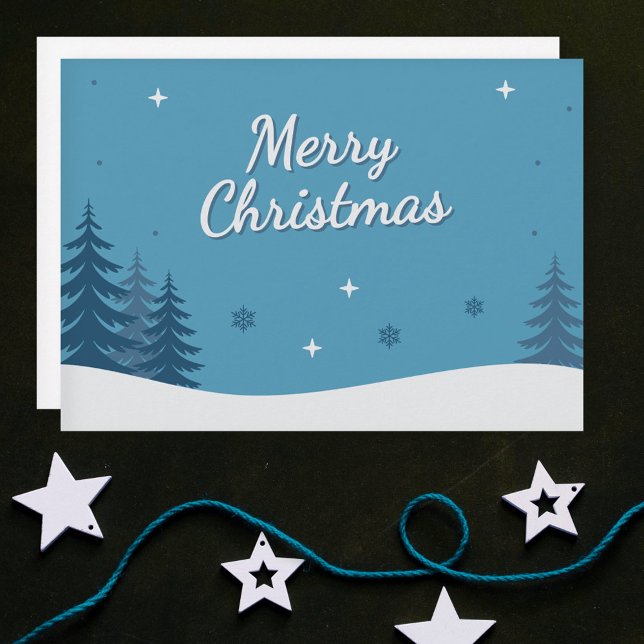 Snöliggande och nära Träd - blått God jul Julkort (Snowy Landscape & Fir Trees - Blue Merry Christmas Holiday Card)
