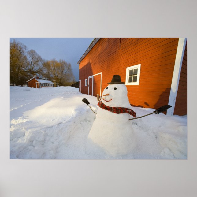 Snöman framför röd lada i Columbia Falls Poster (Framsidan)