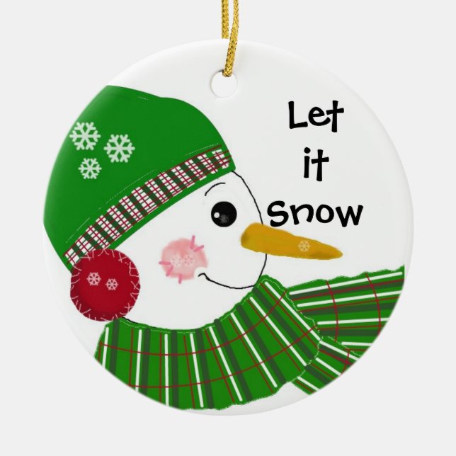 Snöman i grön hatt och halsduk julgransprydnad keramik (Framsidan)