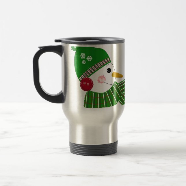 Snömän i gröna och röda accessoarer resemugg (Vänster)