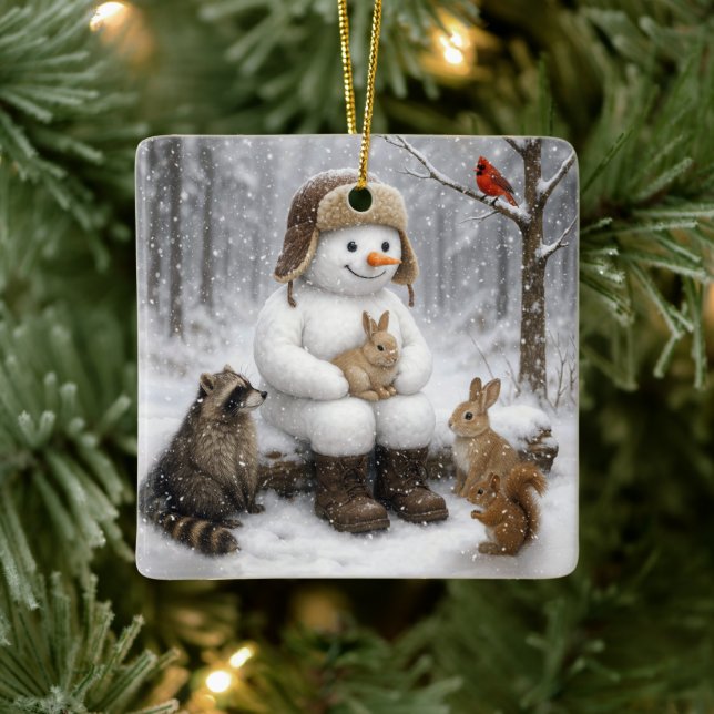 Snöman i vinterskov med djurvänner julgransprydnad keramik (Träd)