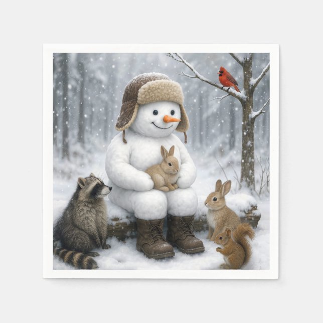 Snöman i vinterskov med djurvänner pappersservett (Framsidan)