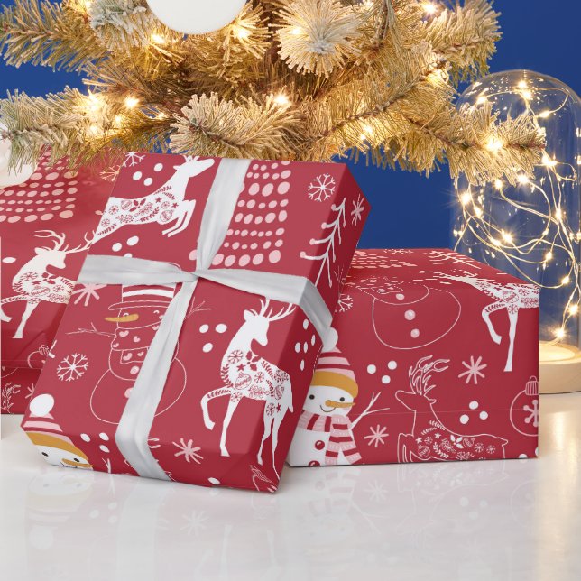 Snöman, Julgran och Hjort, Vinter Röd Presentpapper (Helgdagar)