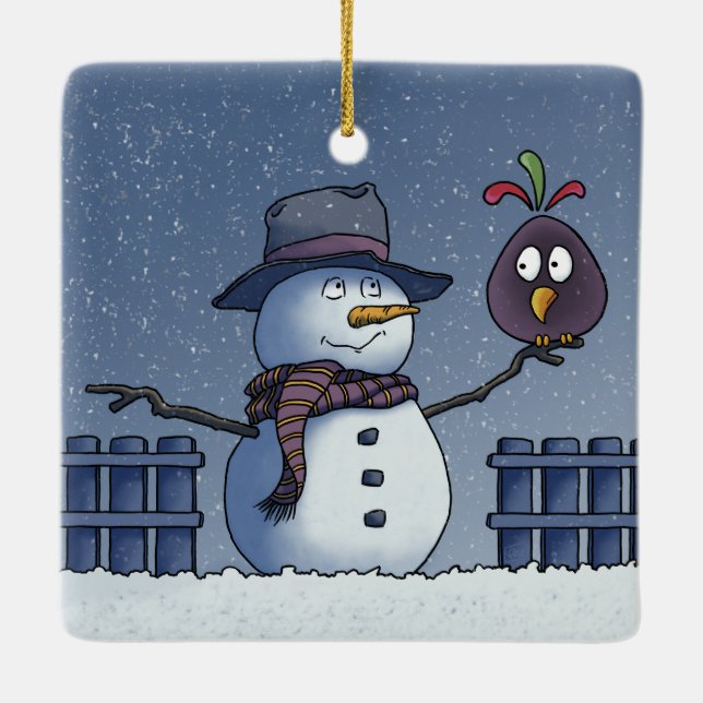 Snöman med fågel julgransprydnad keramik (Baksida)