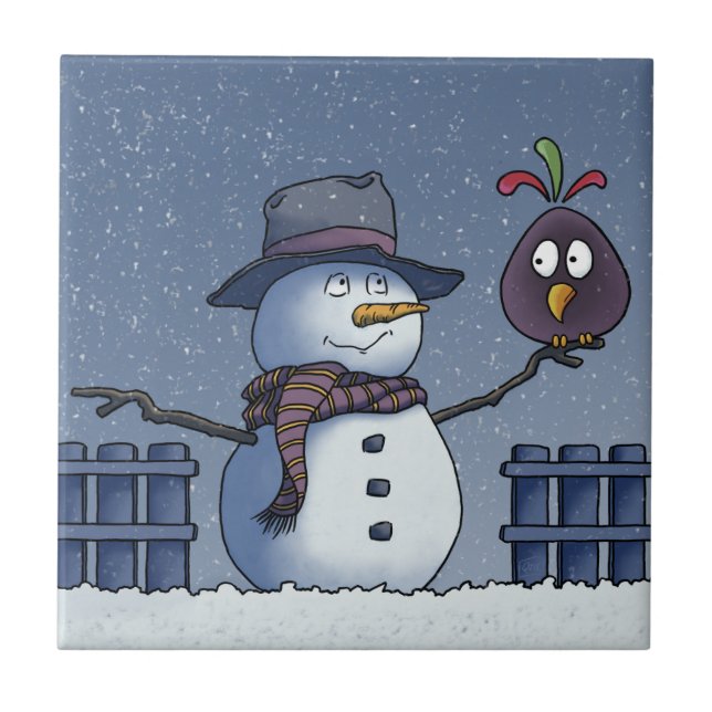 Snöman med fågel kakelplatta (Framsidan)