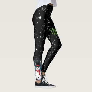 Snöman med Glad jul-text i grönt på SVART Leggings