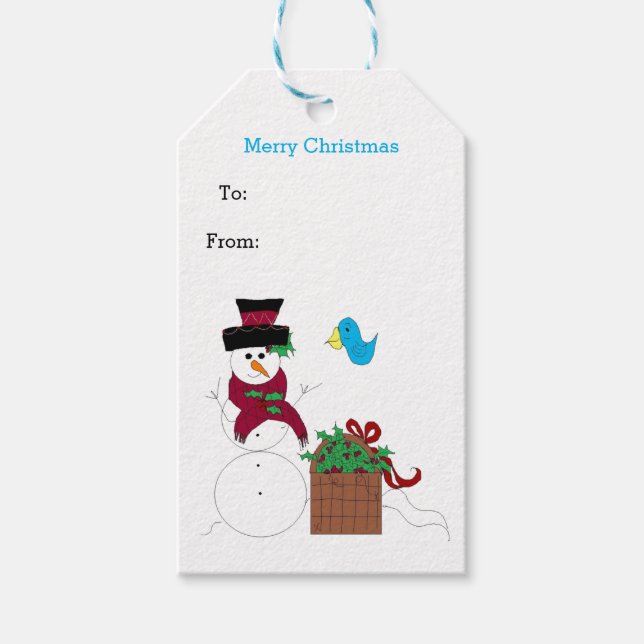 Snöman med julkruka presentetikett (Framsidan)