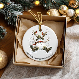 Snöman med kardinaler julgransprydnad keramik
