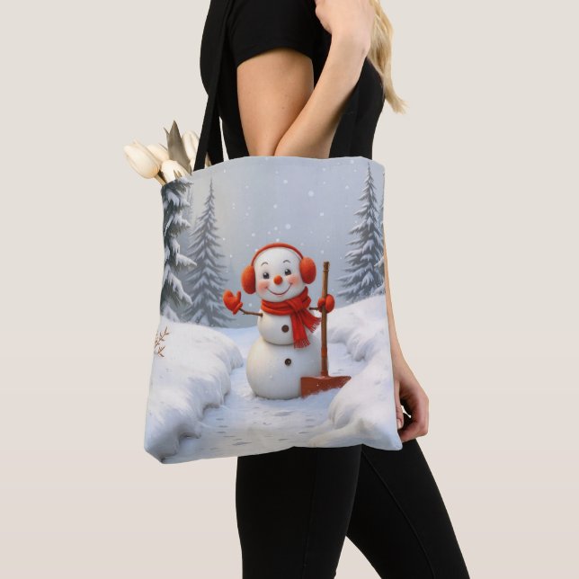 Snöman med röd skyffel tygkasse (Närbild)