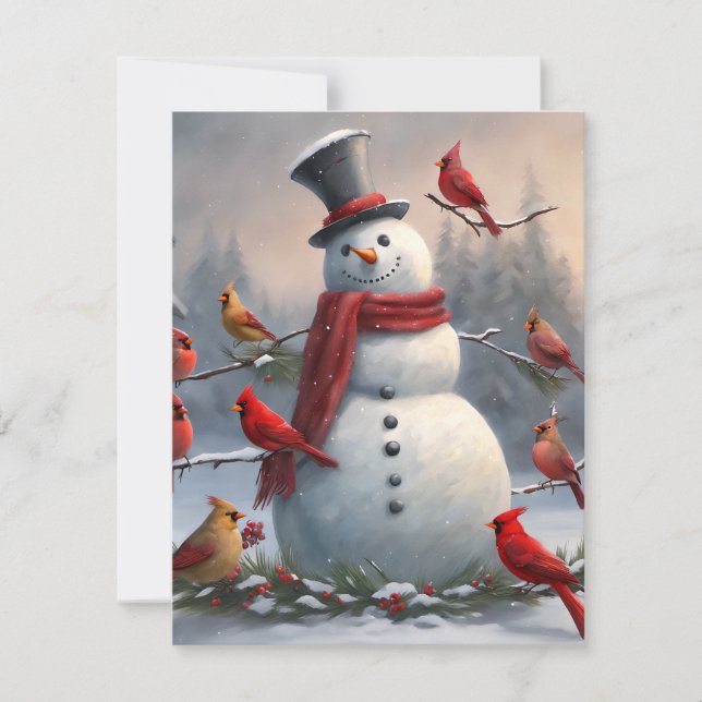 Snöman med röda kardinaler Snöig  Julkort (Framsida)