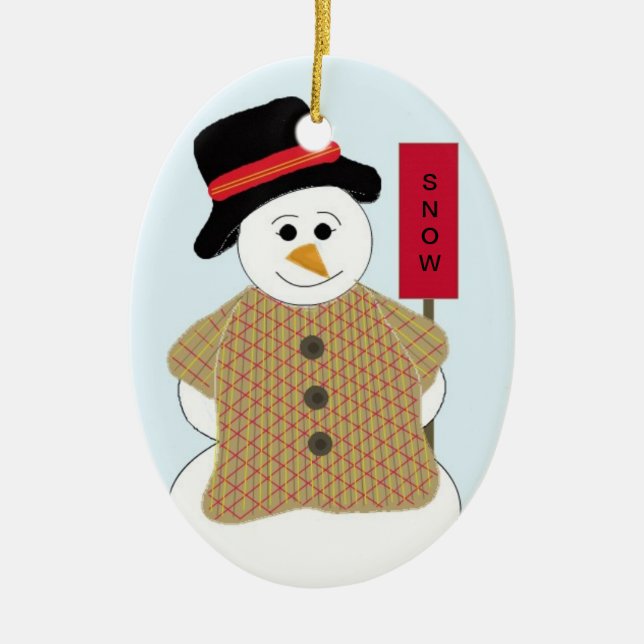 Snöman med snöskylt julgransprydnad keramik (Framsidan)