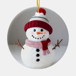 Snöman med söt hatt julgransprydnad keramik