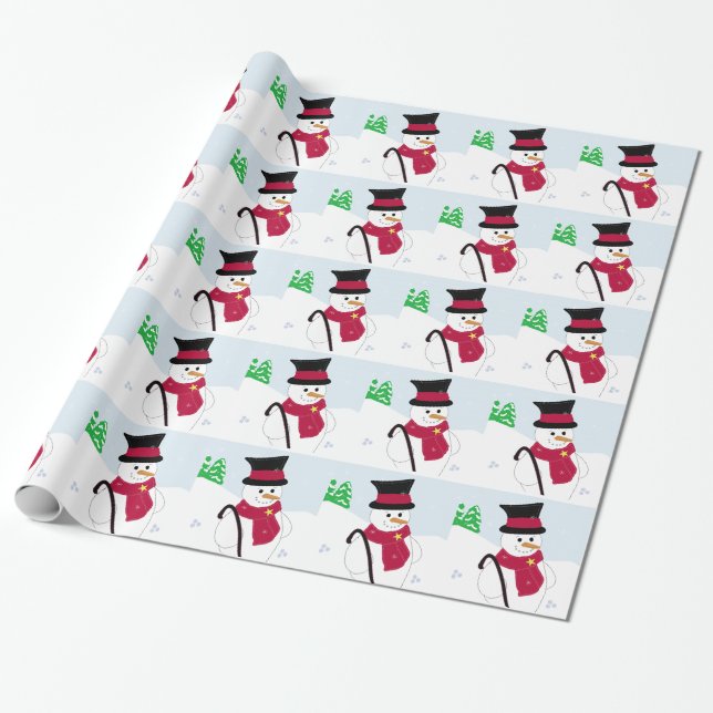 Snöman med toppmössa och käpp presentpapper (Utrullad)