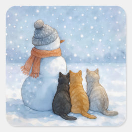 Snöman med tre katter i ett snöigt fält fyrkantigt klistermärke