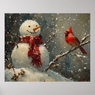 Snöman och en kardinal oljemålning poster
