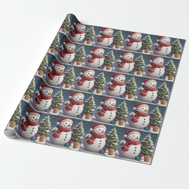 Snöman och julgran med presenter  presentpapper (Utrullad)