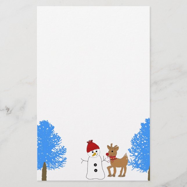 Snöman och ren med frostiga träd brevpapper (Framsida)