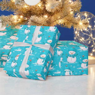 Snömän och snöflingor Blå Vit Modern Jul Presentpapper