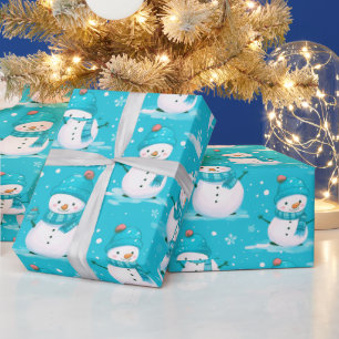 Snömän och snöflingor Blå Vit Modern Jul Presentpapper