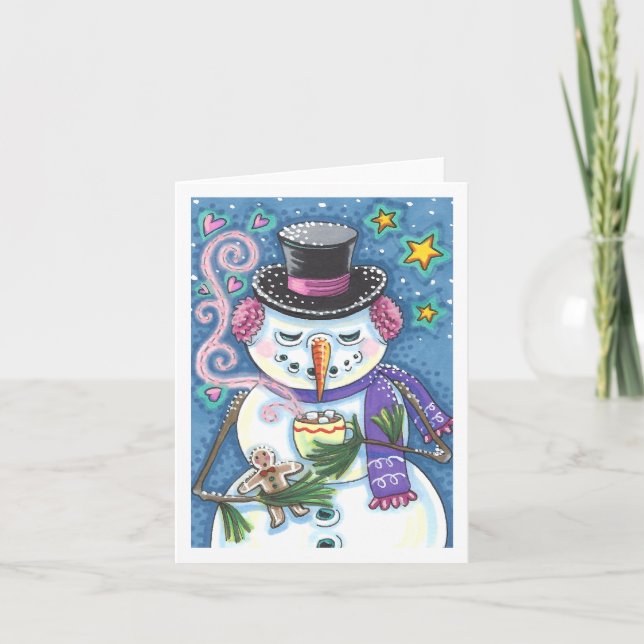 SNÖMAN, PEPparkaksgubbe, VARM CHOKLAD MUGG Blank Helgkort (Framsida)