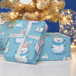 Snömän Snöflingor Blå Modern Jul Presentpapper