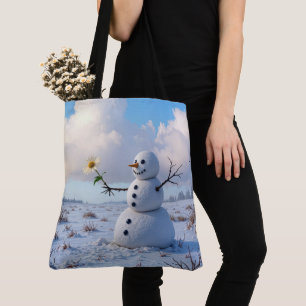 Snöman som håller en vit tusenskönsblomma tygkasse