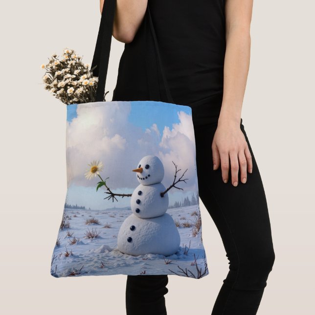 Snöman som håller en vit tusenskönsblomma tygkasse (Närbild)