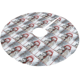 Snöman som kramar ett par hundar av rasen husky julgransmatta borstad polyester