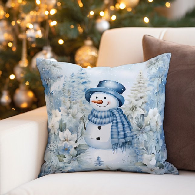 Snöman Vinter Snö Blå Hatt Halsduk Kudde (Decorator pillow with a cute snowman wearing a blue top hat and scarf.)