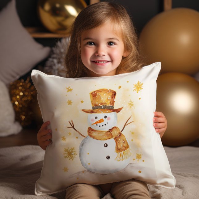Snöman Vinter Snö Guld Vit Kudde (Gold and white snowman Christmas pillow)