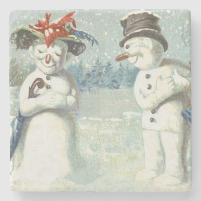 Snömannapar Vinter Snöfält Underlägg Sten (Framsidan)