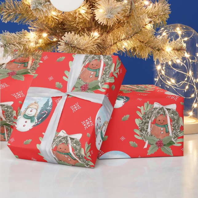 Snömannar, Julkrans Festlig Jul Röd  Presentpapper (Helgdagar)
